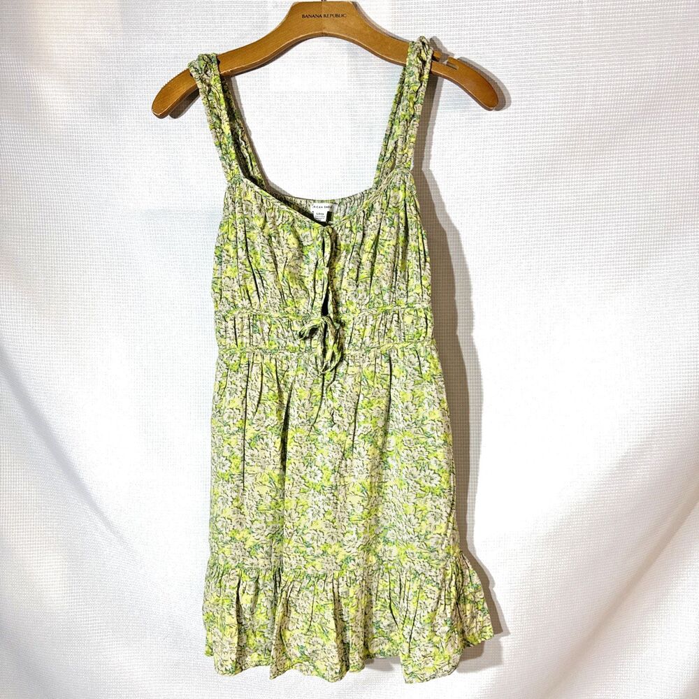 American Eagle Silky Tie Front Mini Dress Green Floral Sweetheart Neck Fairy - S
